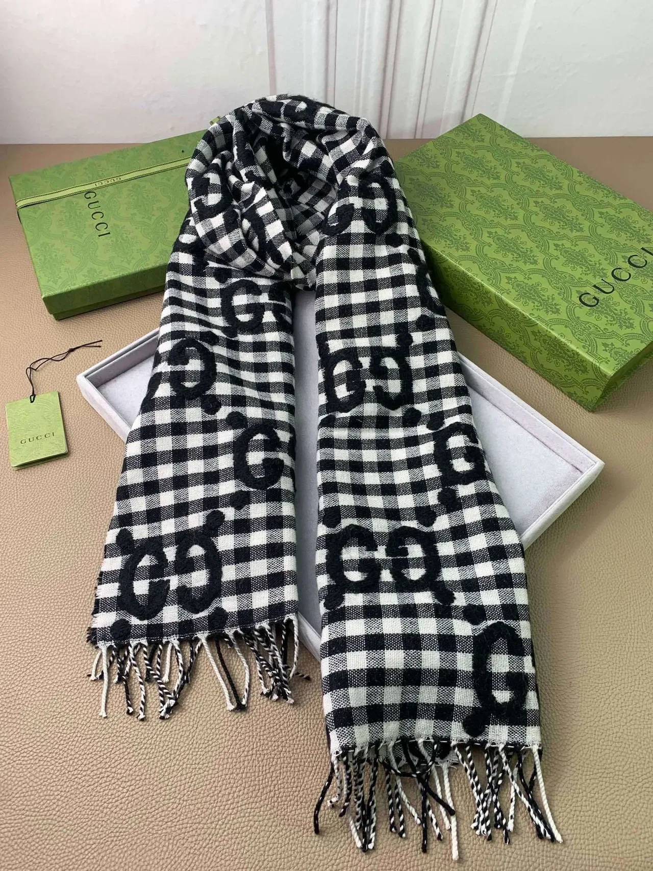 Gucci Interlocking G Checkered Black White Gingham Pattern Monogram Print Scarve 8