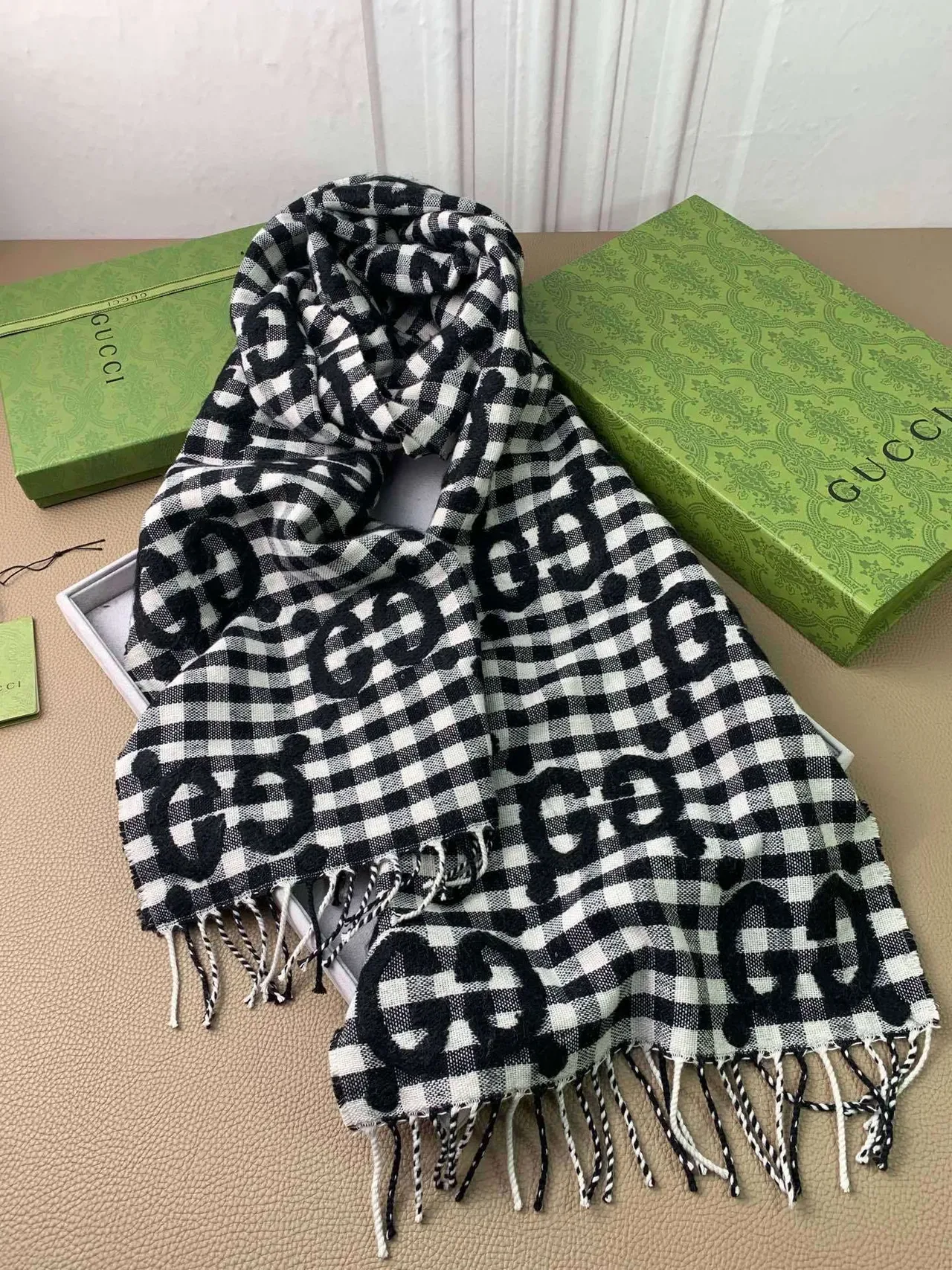 Gucci Interlocking G Checkered Black White Gingham Pattern Monogram Print Scarve 9