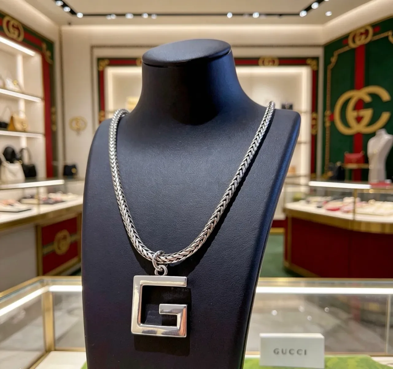 Gucci Interlocking G Silver Black Braided Chain Square Pendant Necklace 4
