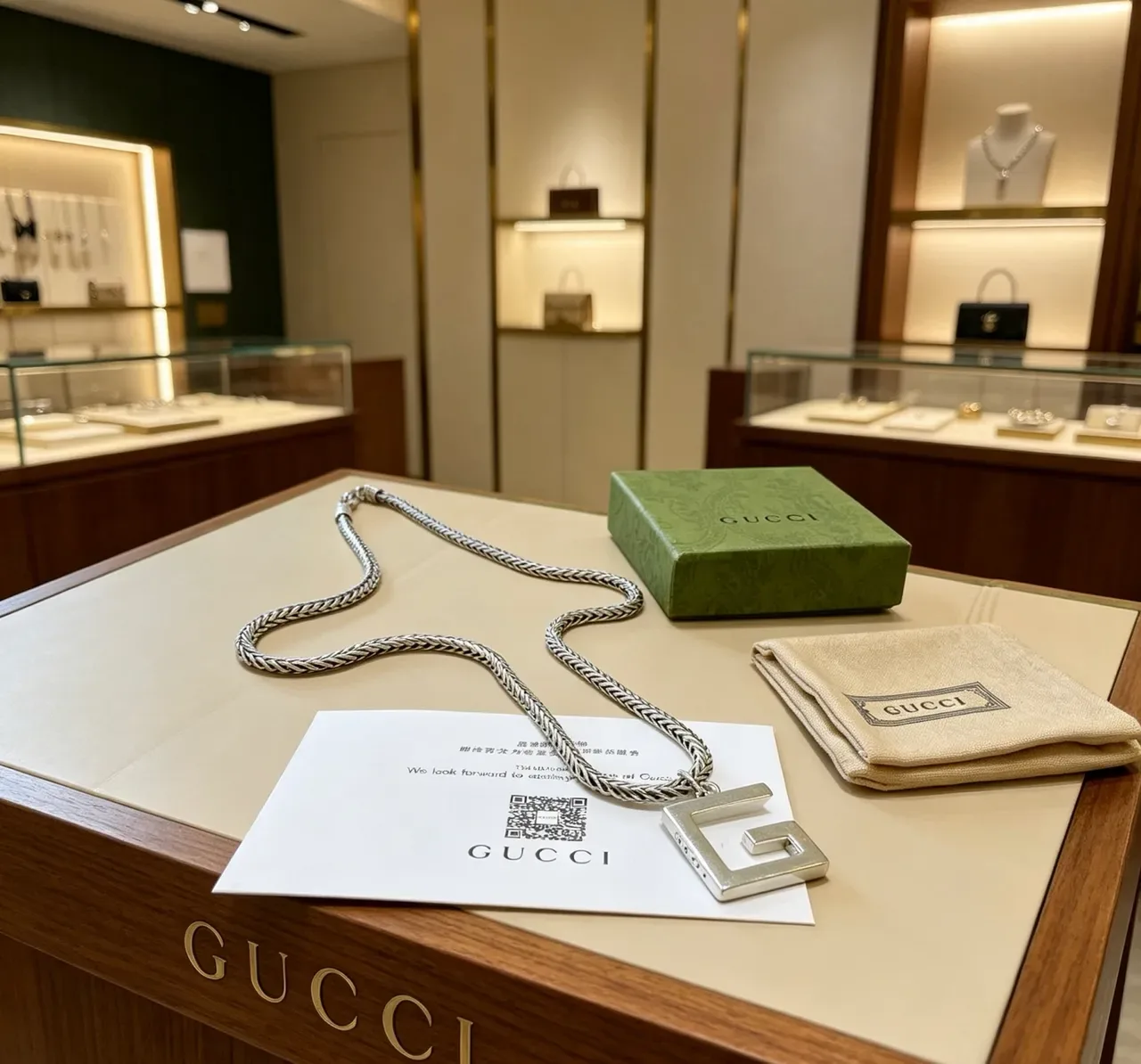 Gucci Interlocking G Silver Black Braided Chain Square Pendant Necklace 6