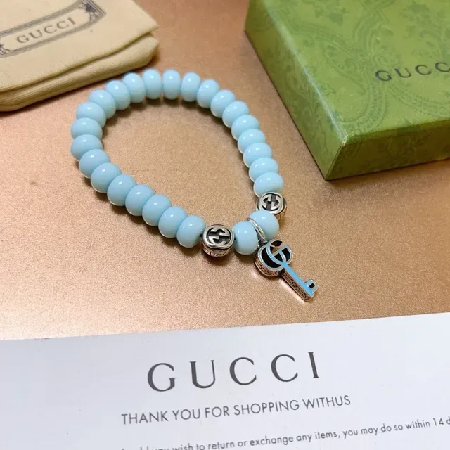 Bracelet Gucci Key to My Heart Bleu Argent Perles Elastiques Entrelacées Charms G 3