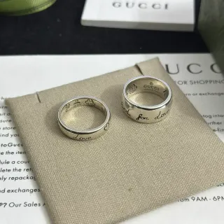 Gucci Love Silver Beige Engraved Script Heart Motifs Ring