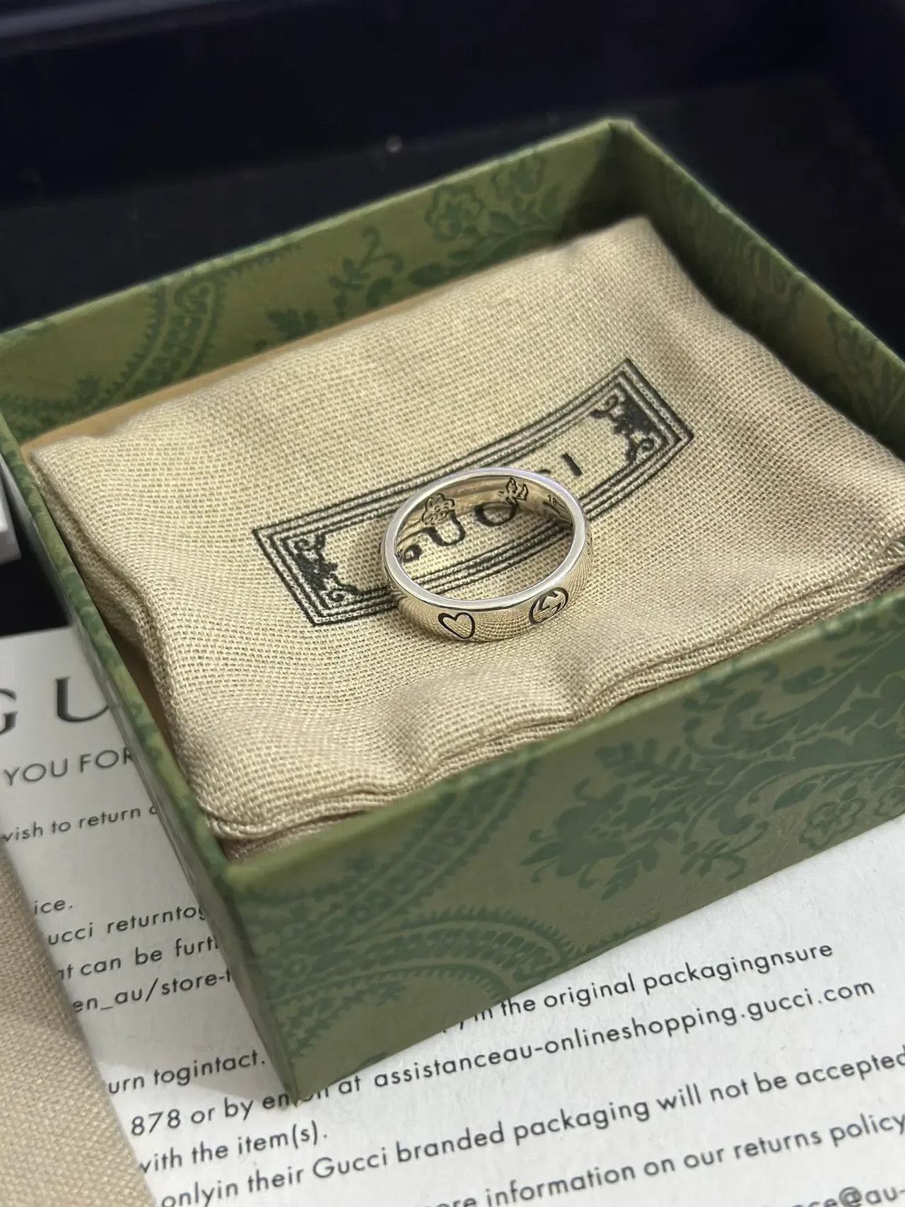 Gucci Love Silver Beige Engraved Script Heart Motifs Ring 2