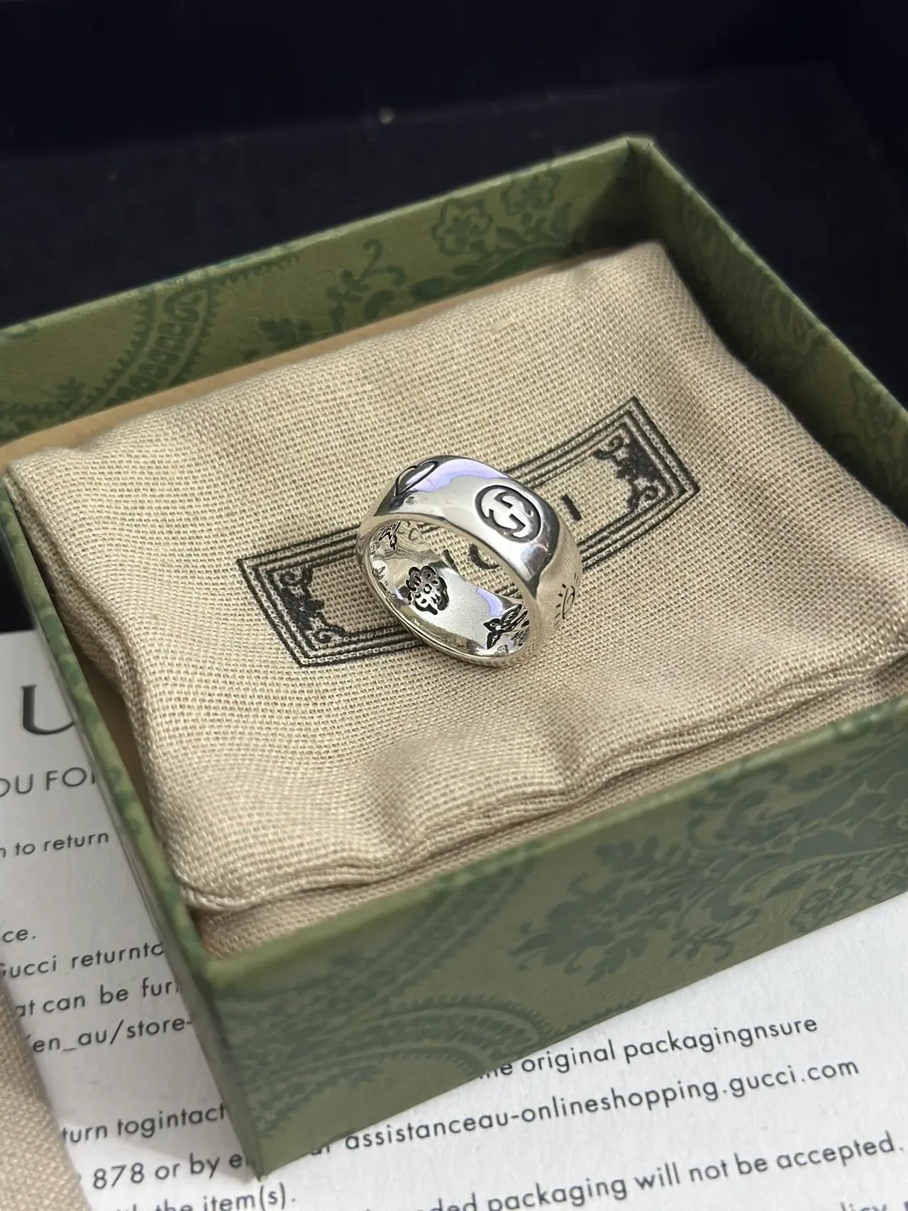 Gucci Love Silver Beige Engraved Script Heart Motifs Ring 3