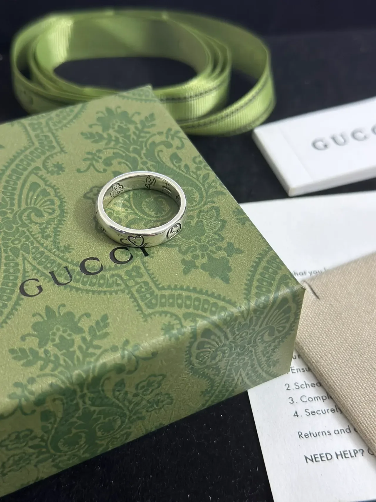 Gucci Love Silver Beige Engraved Script Heart Motifs Ring 5