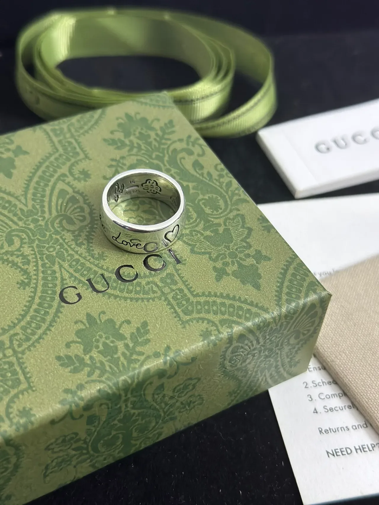 Gucci Love Silver Beige Engraved Script Heart Motifs Ring 6