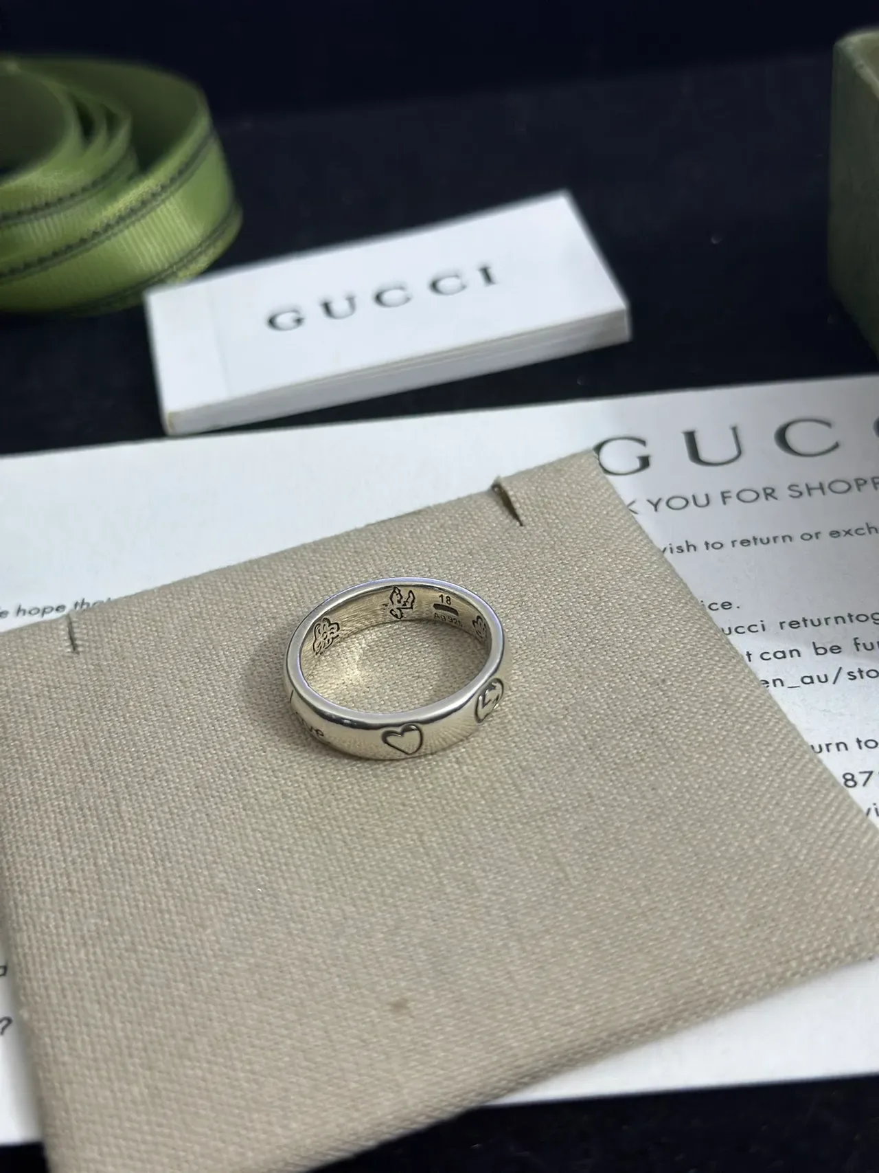Gucci Love Silver Beige Engraved Script Heart Motifs Ring 7