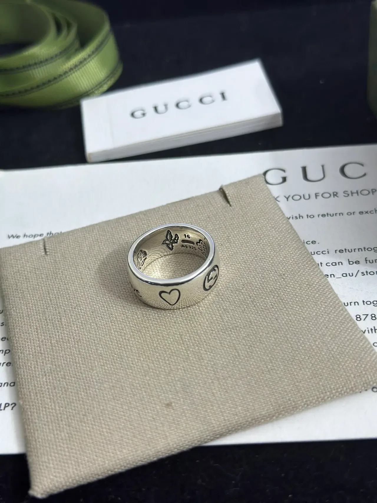 Gucci Love Silver Beige Engraved Script Heart Motifs Ring 8