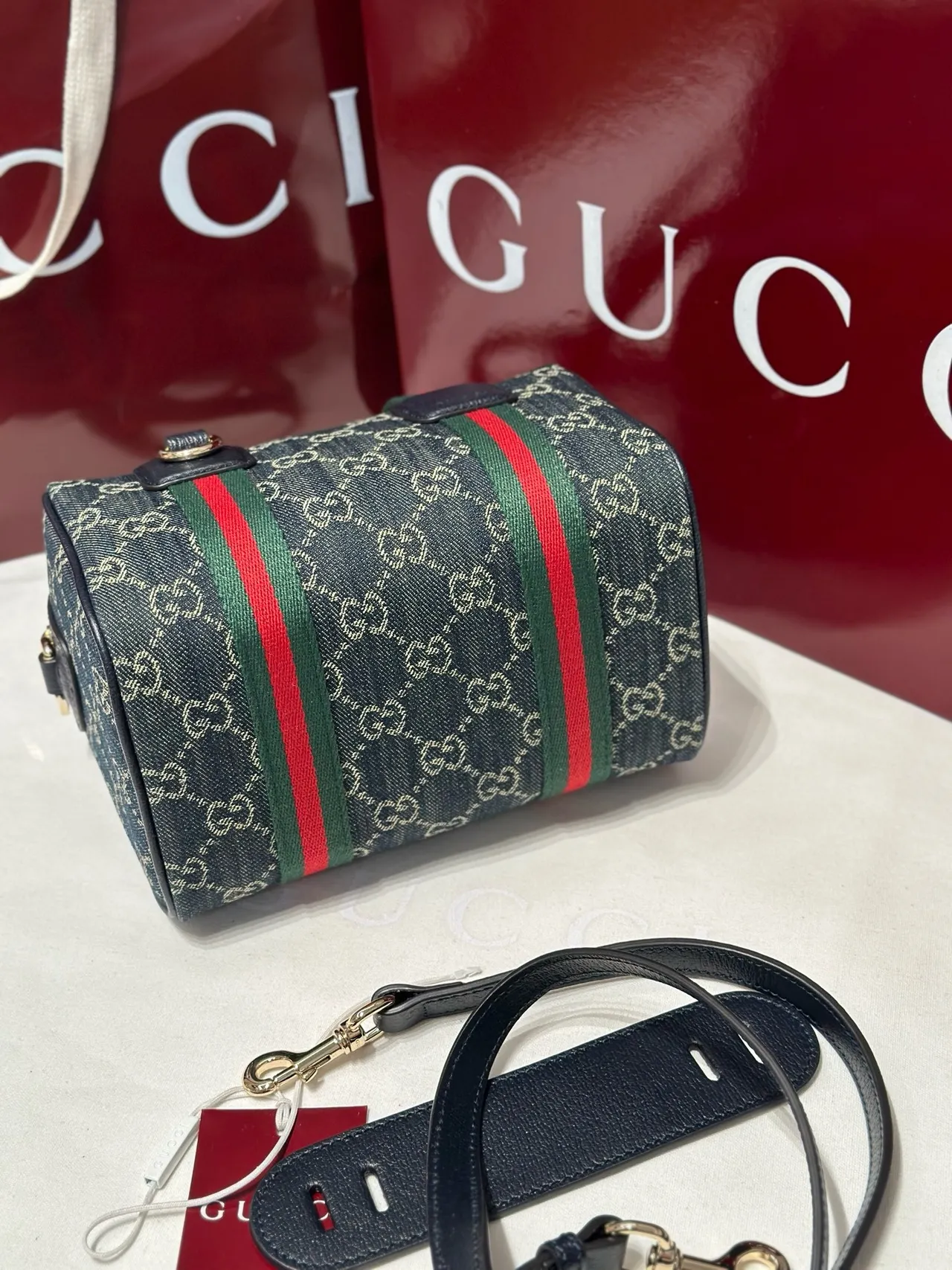 Gucci Monogram Canvas Web Stripe Boston Bag 4
