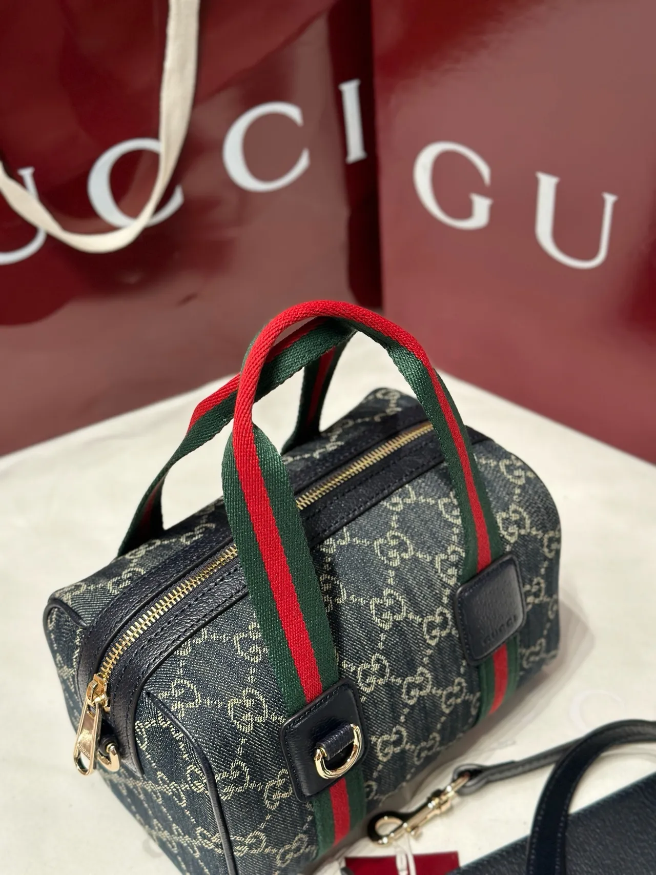 Gucci Monogram Canvas Web Stripe Boston Bag 7
