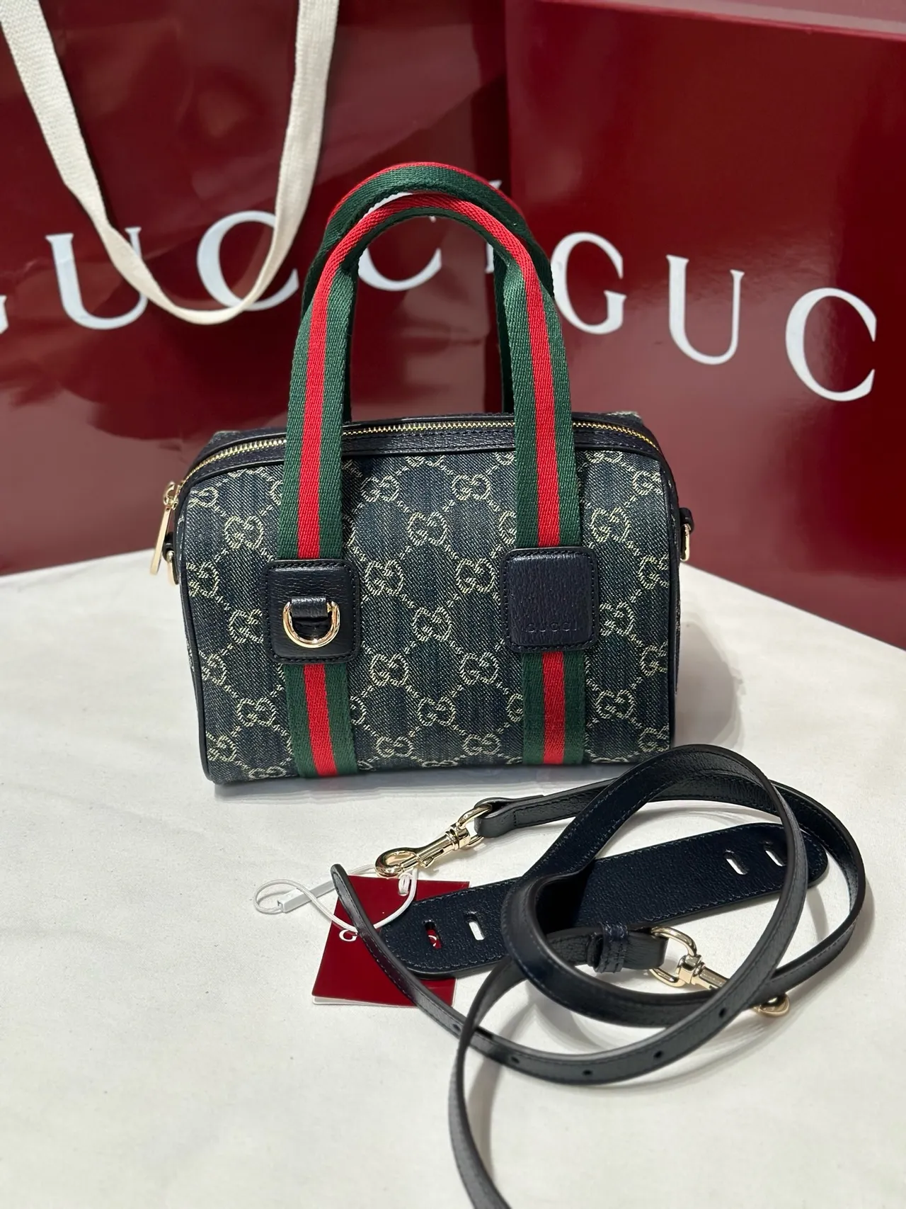 Gucci Monogram Canvas Web Stripe Boston Bag 8