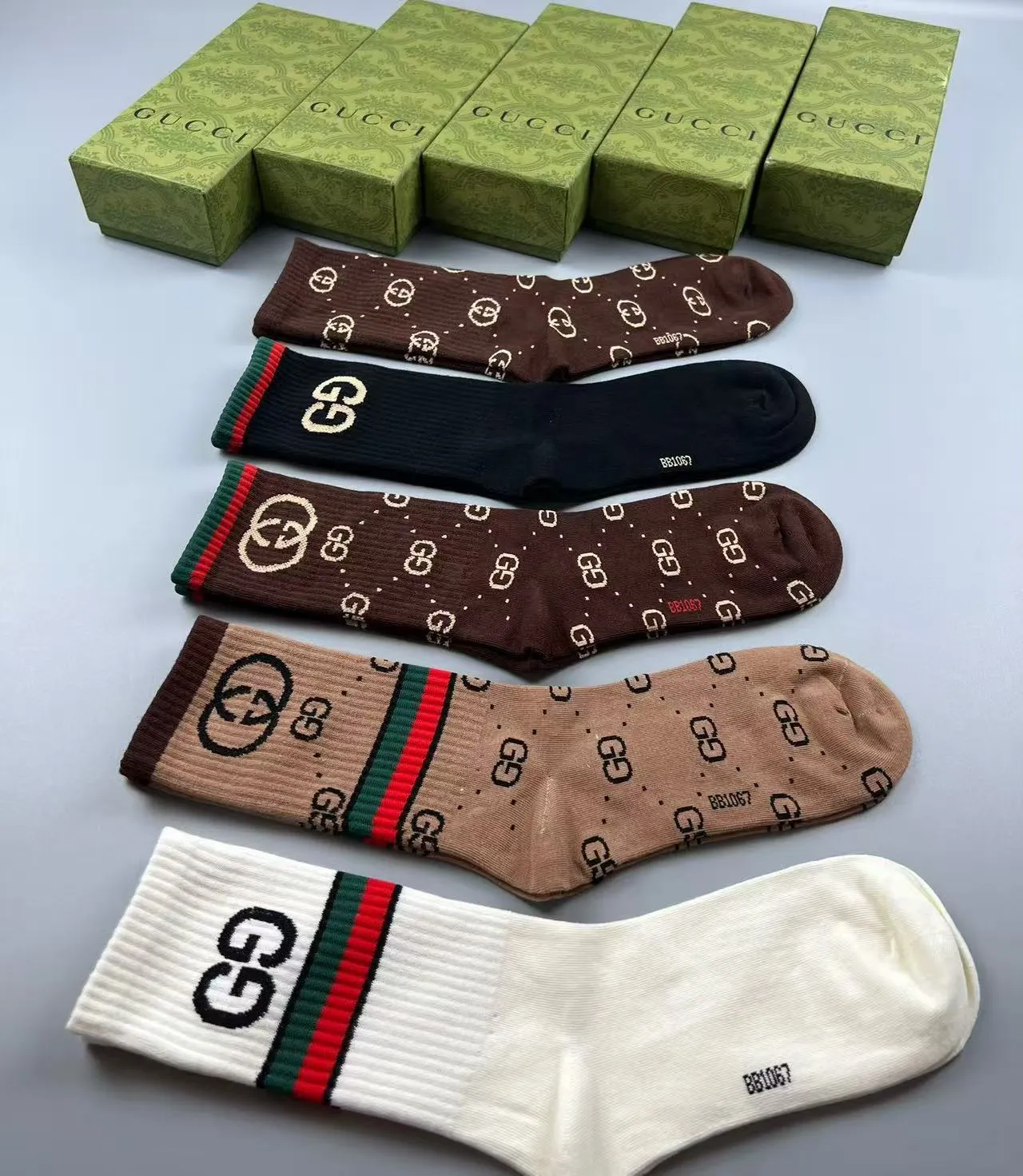 Gucci Multicolor GG Monogram Knit Red-Green Web Stripe Cuff Socks 2