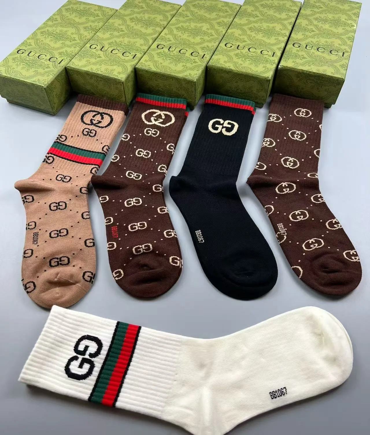 Gucci Multicolor GG Monogram Knit Red-Green Web Stripe Cuff Socks 5