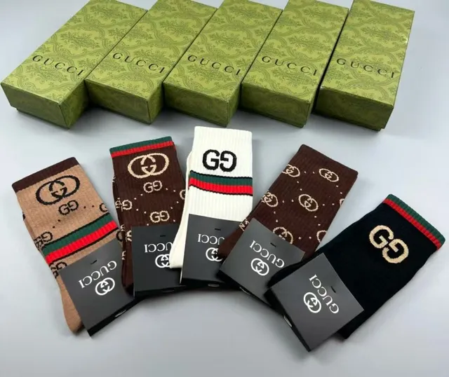 Gucci Multicolor GG Monogram Knit Red-Green Web Stripe Cuff Socks 9
