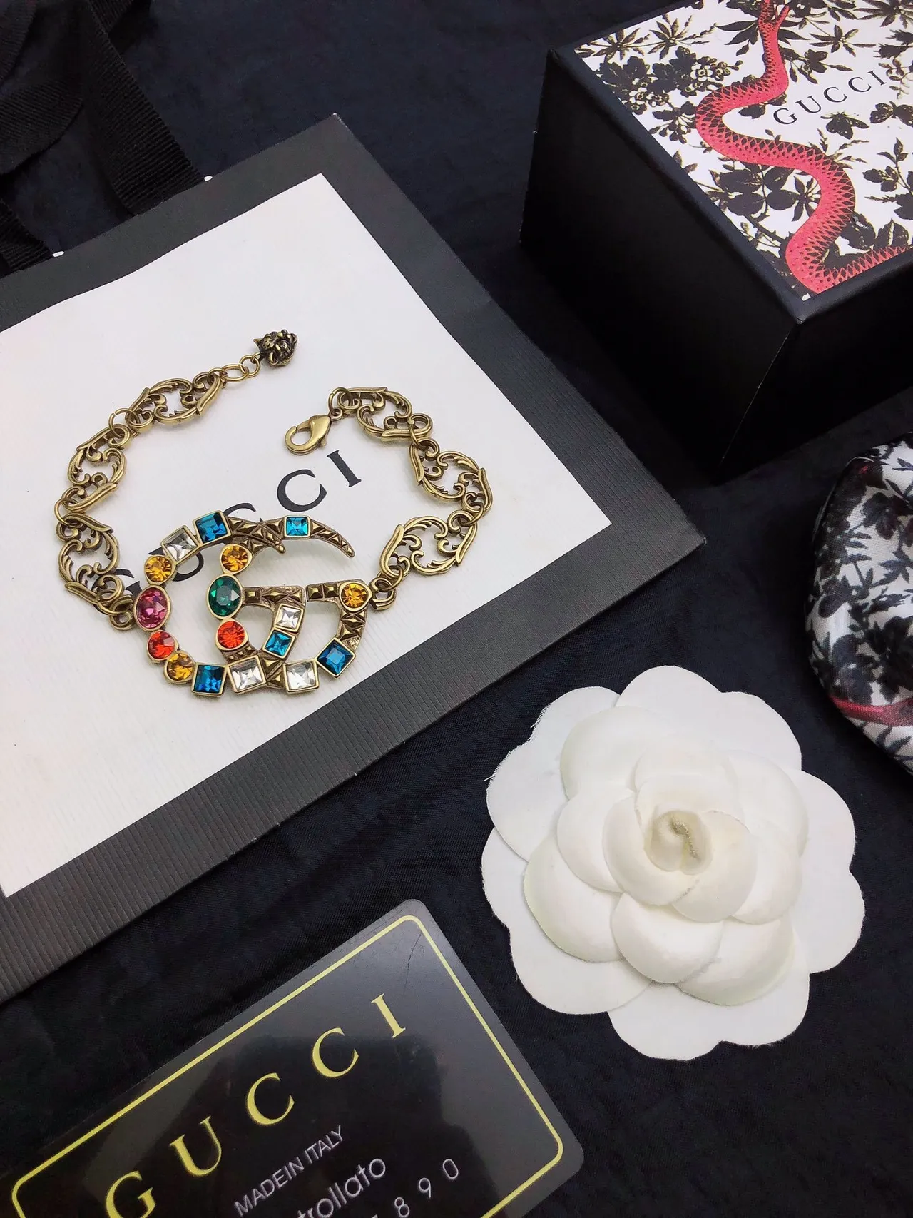 Gucci Multicolor Gold Ornate Filigree Chain Interlocking Double-G Motif Bracelet 3