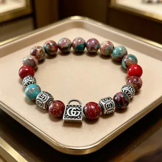 Gucci Multicolor Silver Beaded Lock-Charm Bracelet