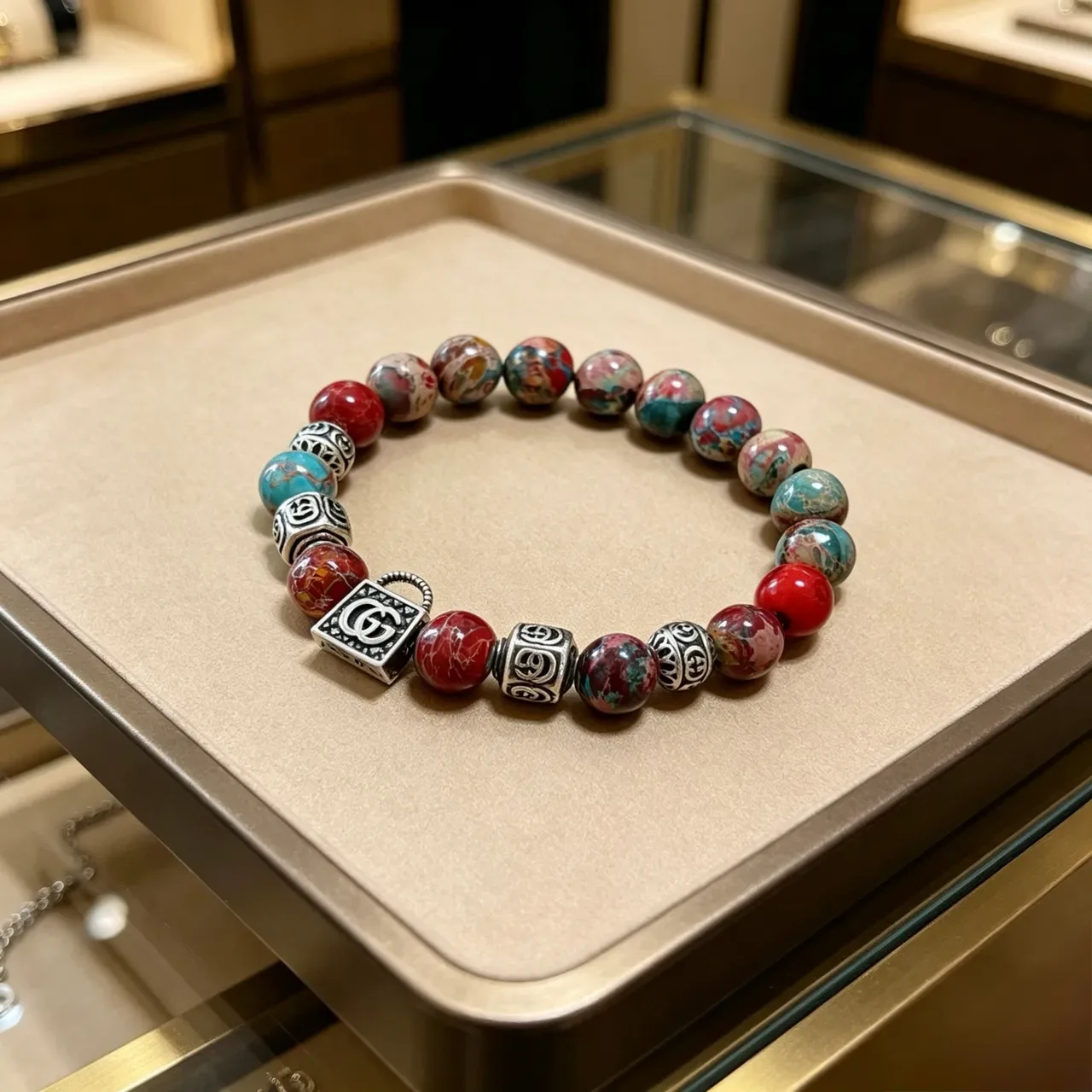 Gucci Multicolor Silver Beaded Lock-Charm Bracelet 3