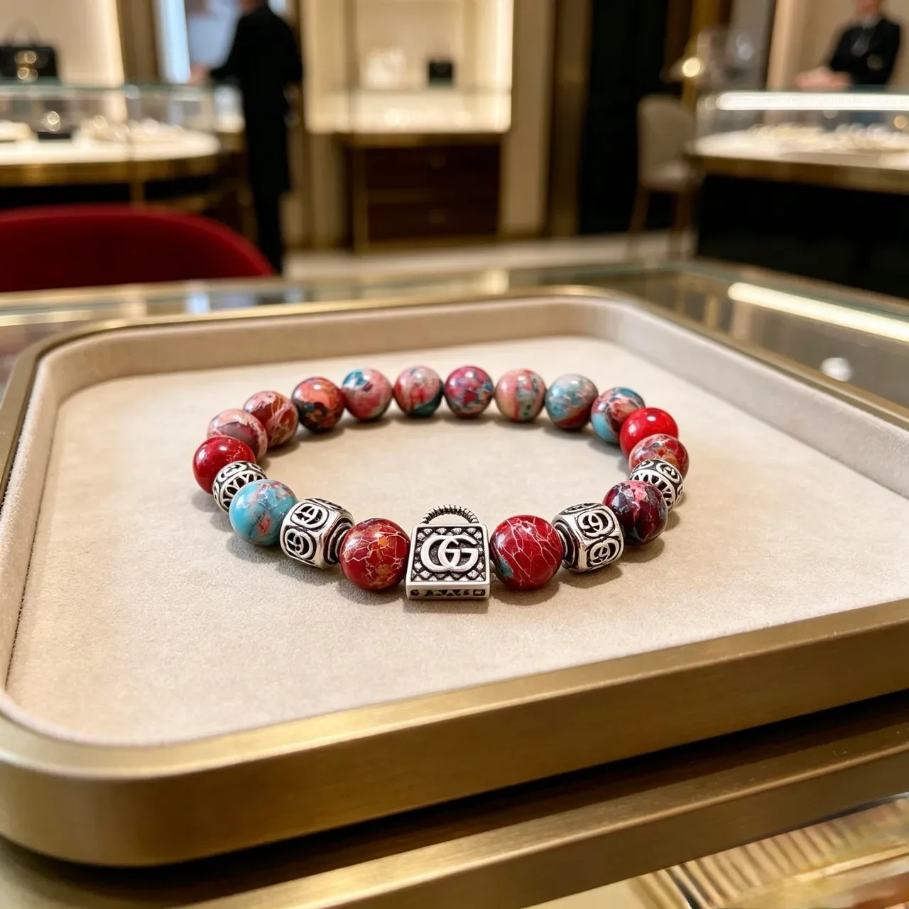 Gucci Multicolor Silver Beaded Lock-Charm Bracelet 5