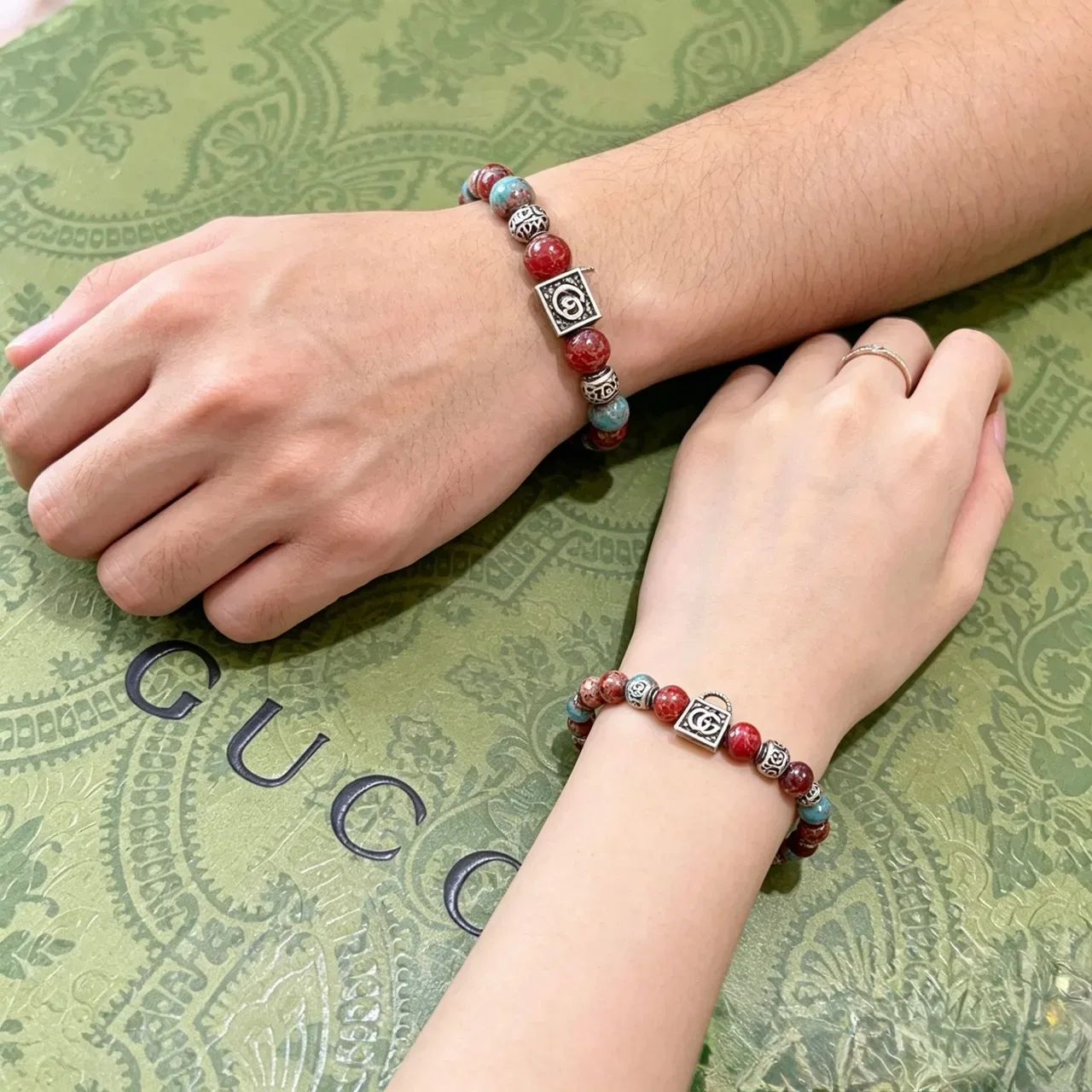 Gucci Multicolor Silver Beaded Lock-Charm Bracelet 6
