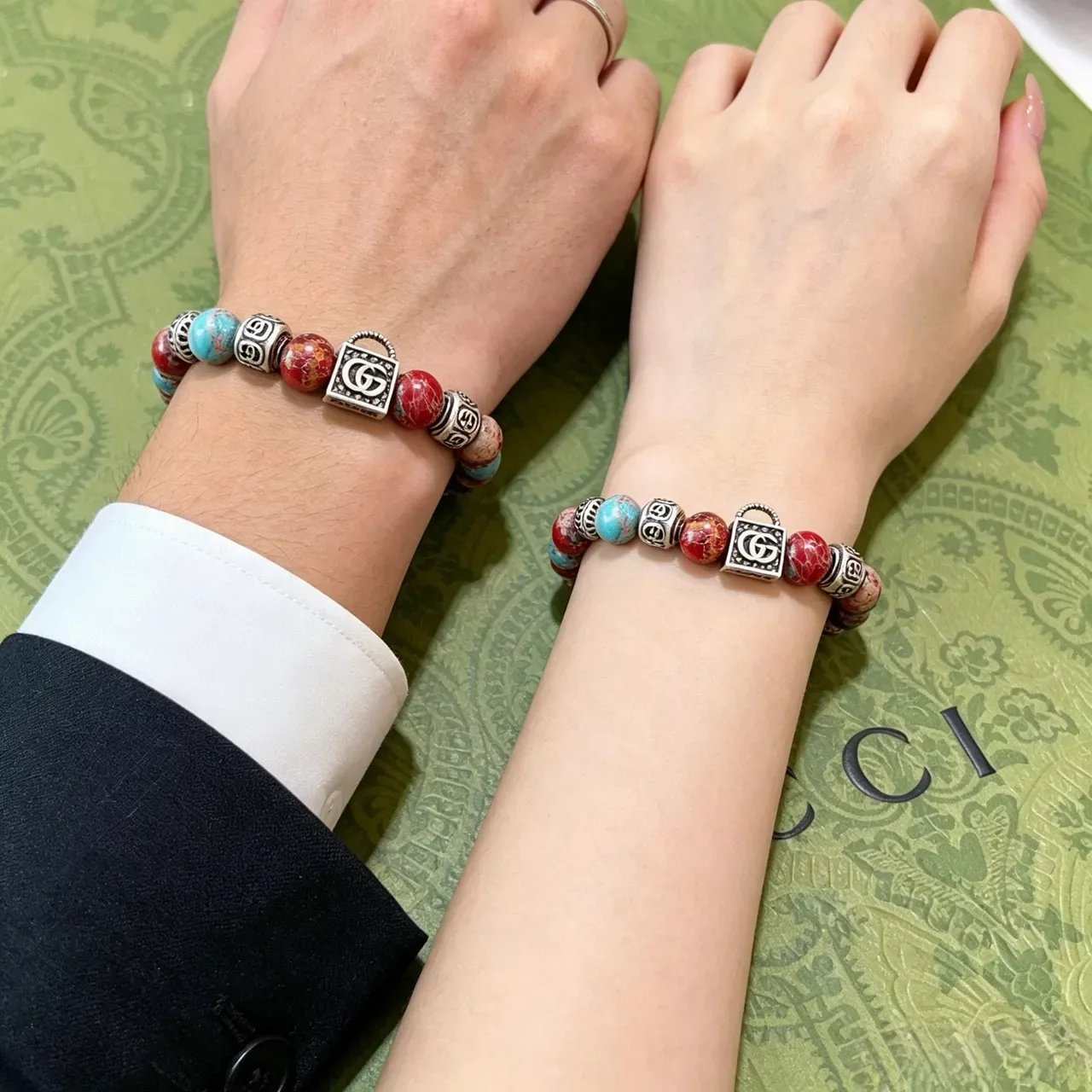 Gucci Multicolor Silver Beaded Lock-Charm Bracelet 8