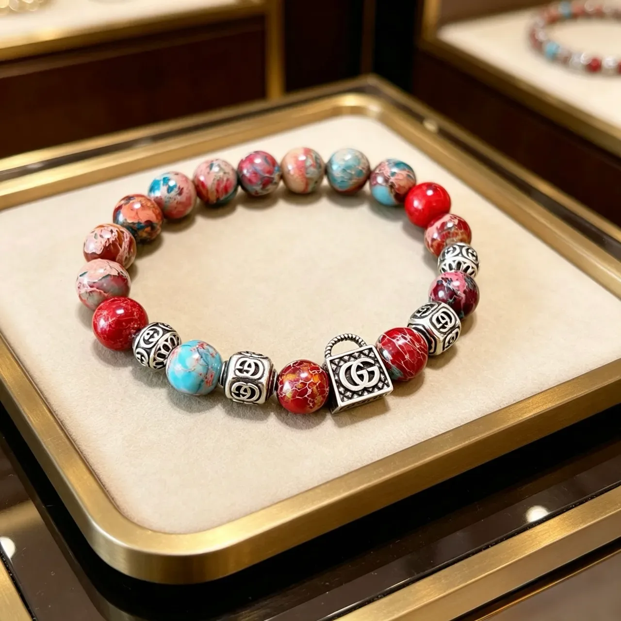 Gucci Multicolor Silver Beaded Lock-Charm Bracelet 9