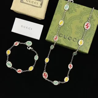 Gucci Multicolor Silver Chain Enamel Logo Charms Necklace