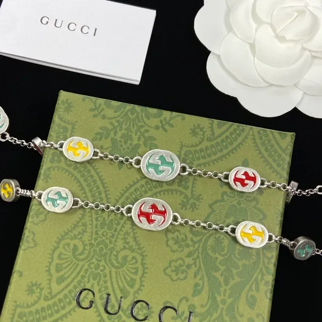 Gucci Multicolor Silver Chain Enamel Logo Charms Necklace 2