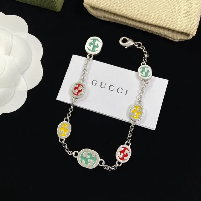 Gucci Multicolor Silver Chain Enamel Logo Charms Necklace 3