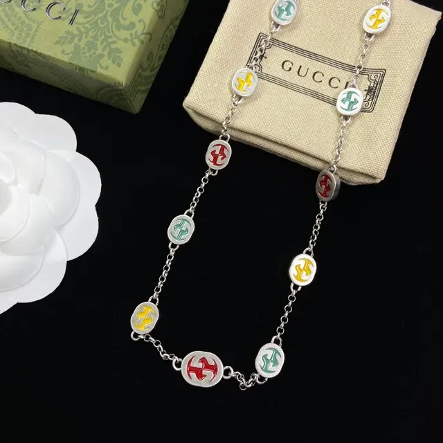 Gucci Multicolor Silver Chain Enamel Logo Charms Necklace 5