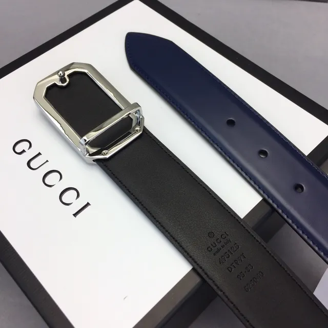 Gucci Navy Silver Rectangular Octagonal Buckle Smooth Strap Leather Belt 8
