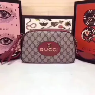Gucci Ophidia Beige Burgundy GG Supreme Canvas Leather Trim Crossbody Bag