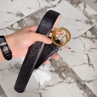 Gucci Ophidia Black Gold Embossed GG Monogram Double G Buckle Leather Belt