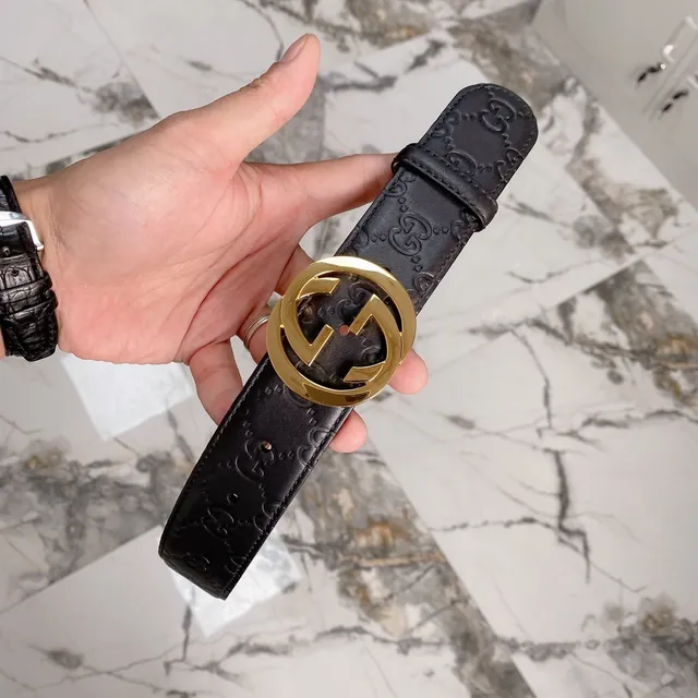 Gucci Ophidia Ceinture en cuir noir et or avec monogramme GG embossé boucle double G 3