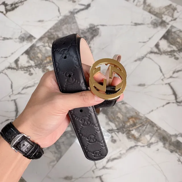 Gucci Ophidia Ceinture en cuir noir et or avec monogramme GG embossé boucle double G 4