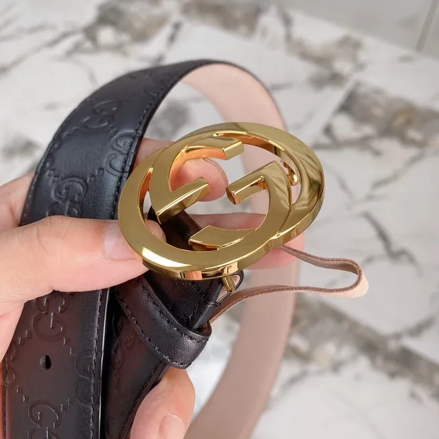 Gucci Ophidia Ceinture en cuir noir et or avec monogramme GG embossé boucle double G 9