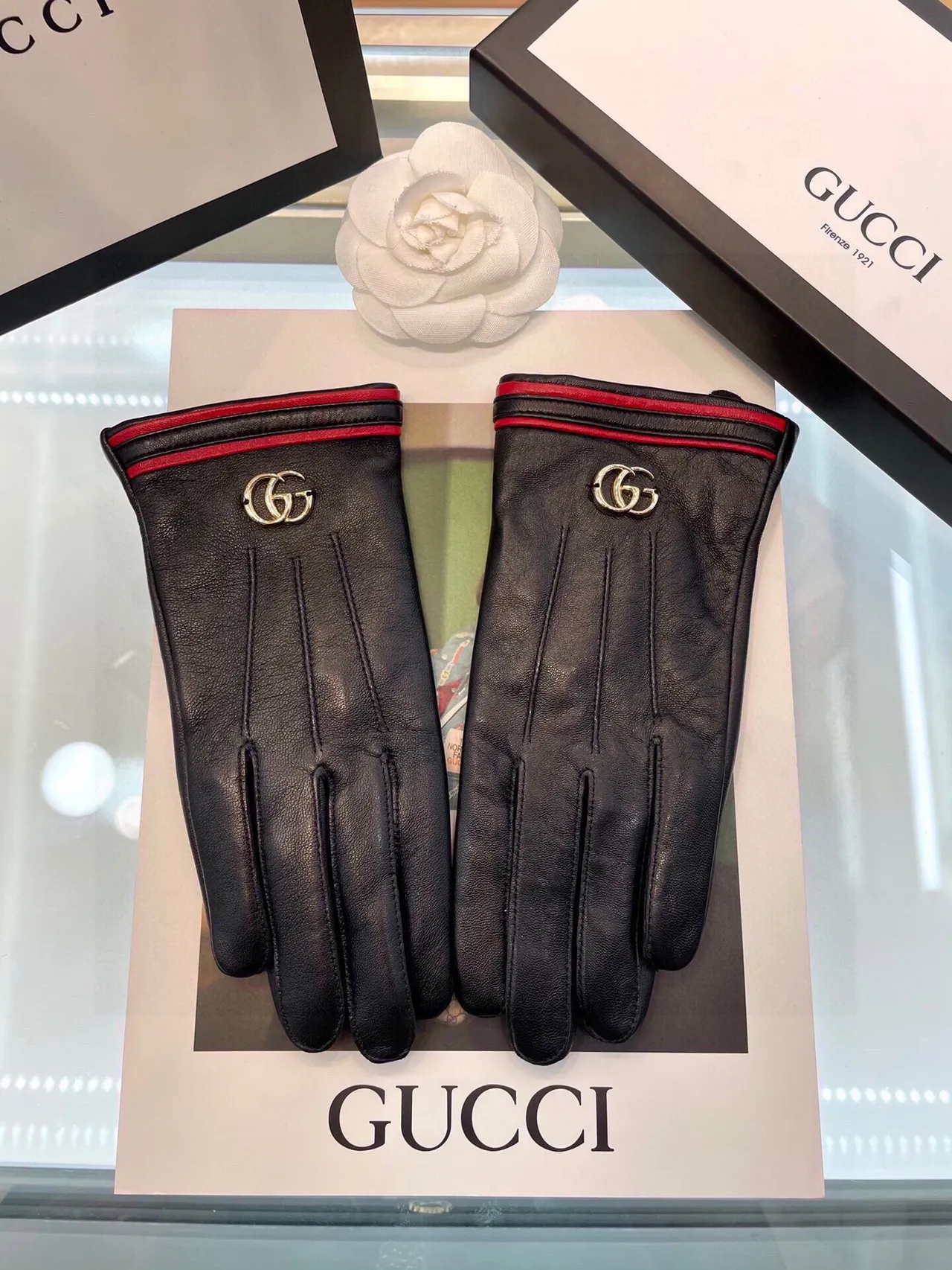 Gucci Ophidia কালো লাল চিকন ইন্টারলকিং জিজি হার্ডওয়্যার চামড়ার গ্লোভস 2
