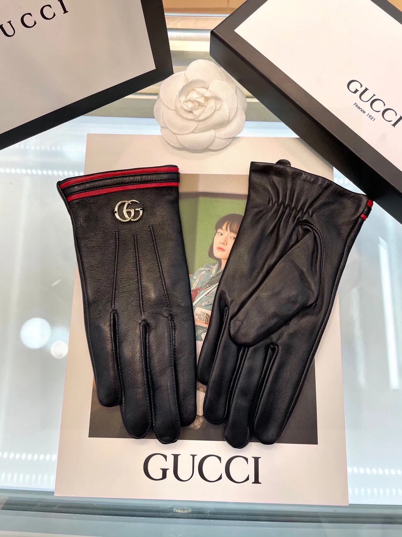 Gucci Ophidia কালো লাল চিকন ইন্টারলকিং জিজি হার্ডওয়্যার চামড়ার গ্লোভস 3