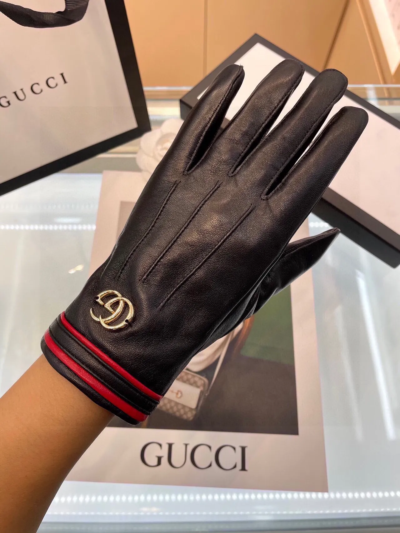 Gucci Ophidia কালো লাল চিকন ইন্টারলকিং জিজি হার্ডওয়্যার চামড়ার গ্লোভস 5