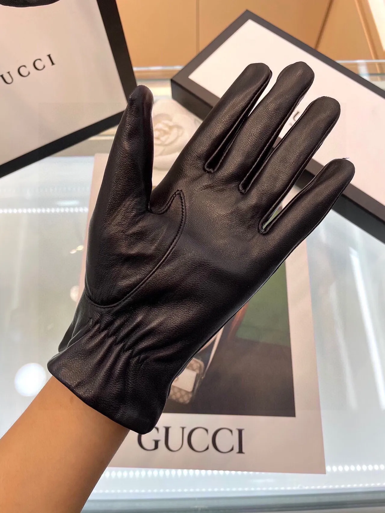 Gucci Ophidia কালো লাল চিকন ইন্টারলকিং জিজি হার্ডওয়্যার চামড়ার গ্লোভস 6