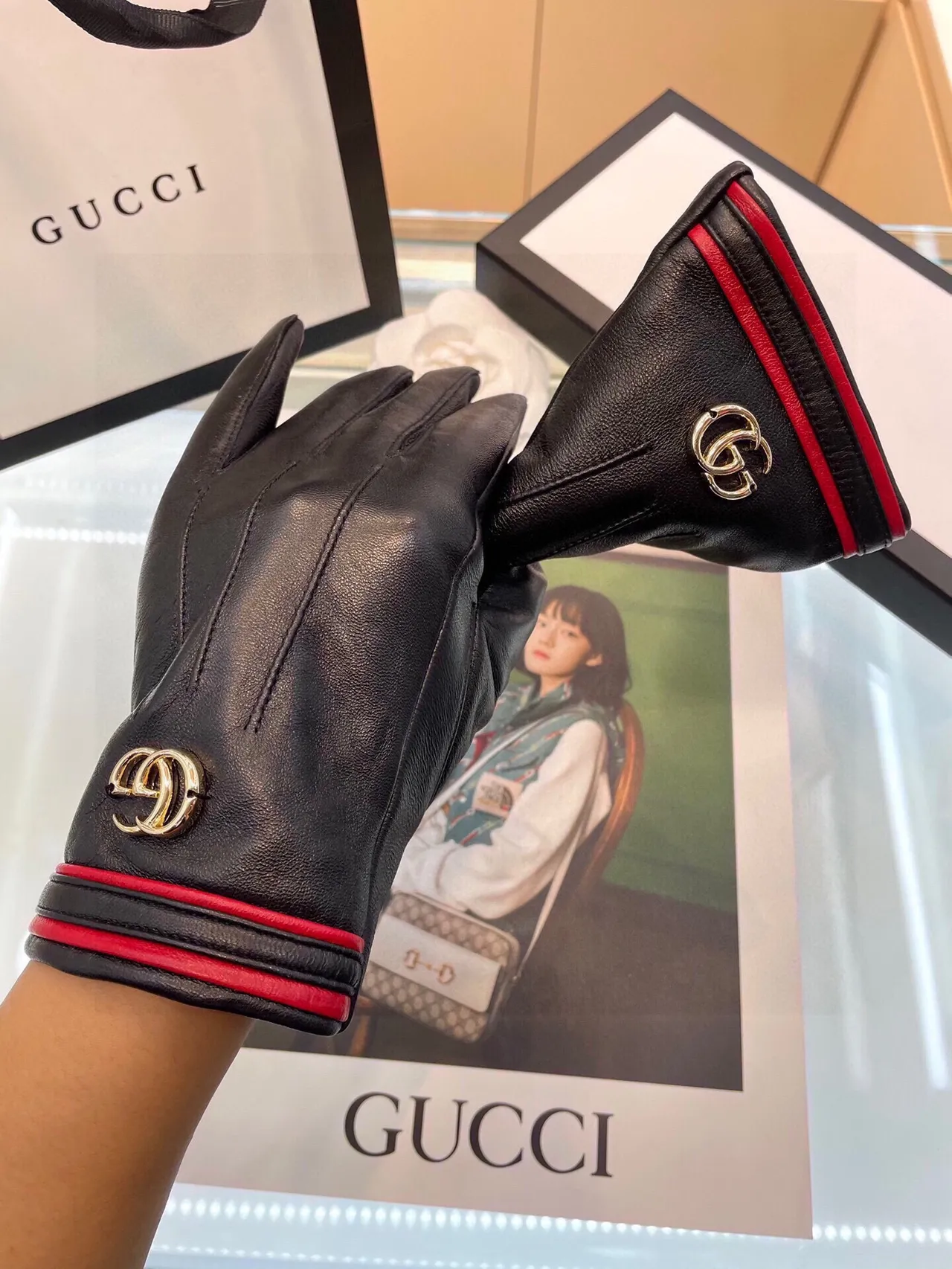 Gucci Ophidia কালো লাল চিকন ইন্টারলকিং জিজি হার্ডওয়্যার চামড়ার গ্লোভস 7