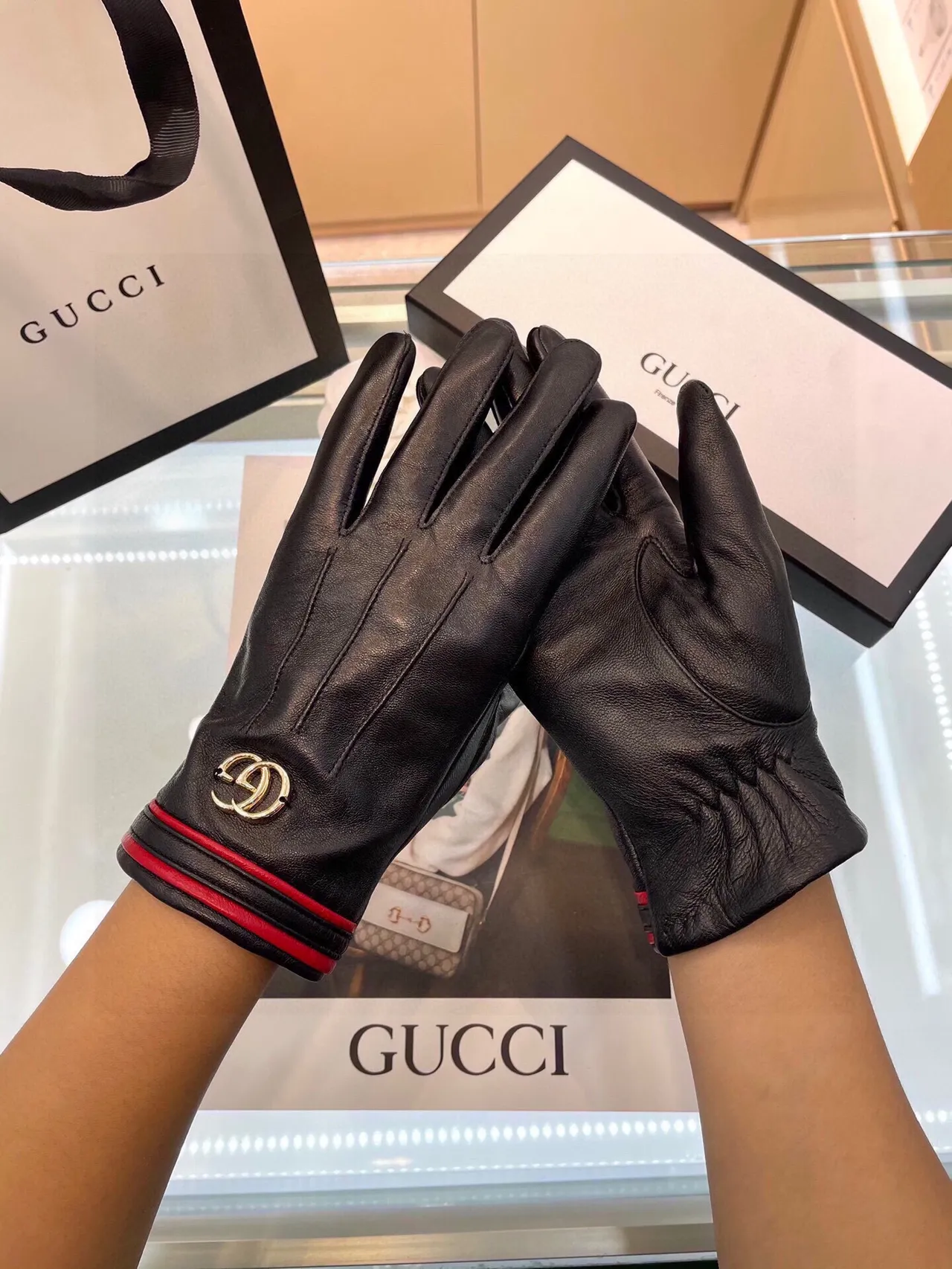 Gucci Ophidia কালো লাল চিকন ইন্টারলকিং জিজি হার্ডওয়্যার চামড়ার গ্লোভস 8