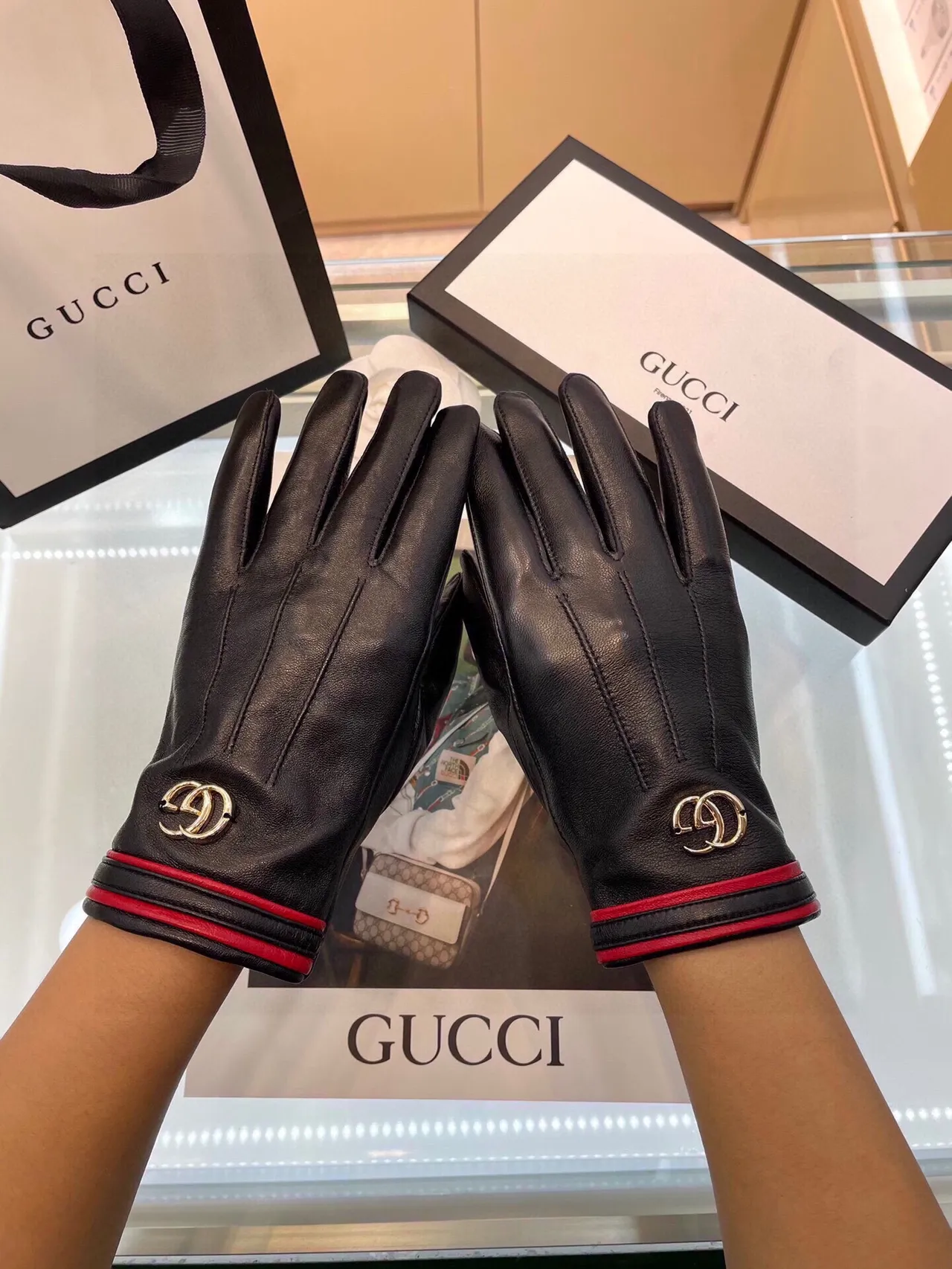 Gucci Ophidia কালো লাল চিকন ইন্টারলকিং জিজি হার্ডওয়্যার চামড়ার গ্লোভস 9