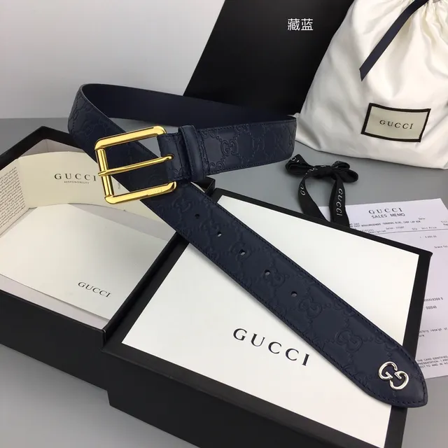 Gucci Ophidia Embossed GG Monogram Navy Blue Leather Belt 2