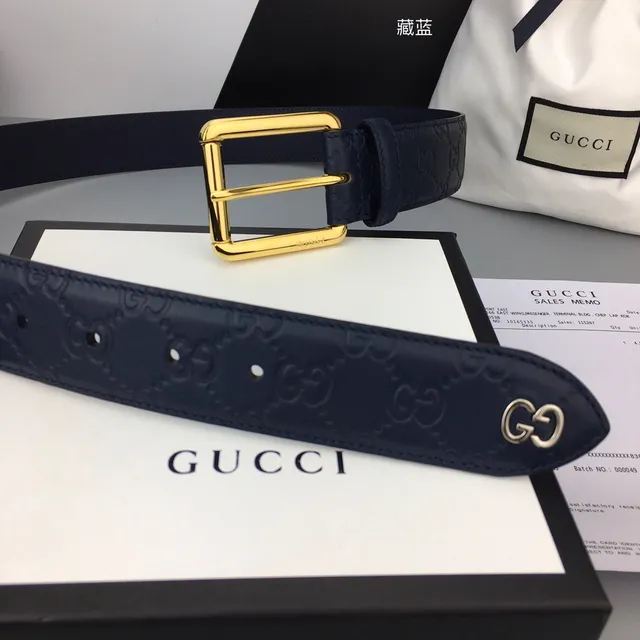 Gucci Ophidia Embossed GG Monogram Navy Blue Leather Belt 3