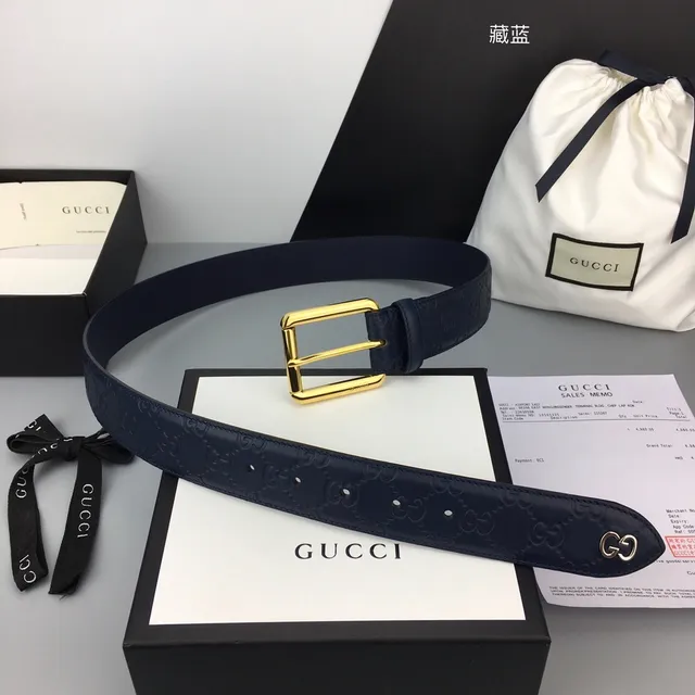 Gucci Ophidia Embossed GG Monogram Navy Blue Leather Belt 4