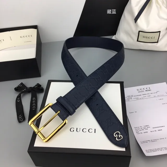 Gucci Ophidia Embossed GG Monogram Navy Blue Leather Belt 6