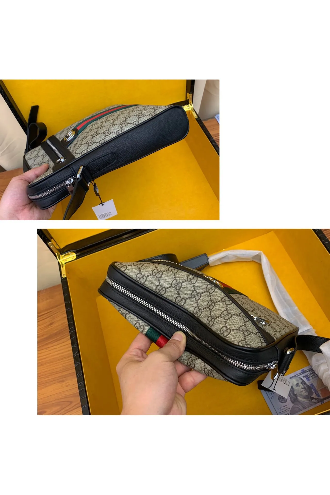 Gucci Ophidia GG Beige Black Monogram Canvas Web Stripe Accent Messenger Bag 3