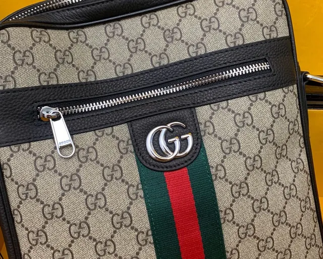 Gucci Ophidia GG Beige Black Monogram Canvas Web Stripe Accent Messenger Bag 4