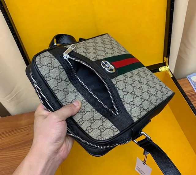Gucci Ophidia GG Beige Black Monogram Canvas Web Stripe Accent Messenger Bag 5