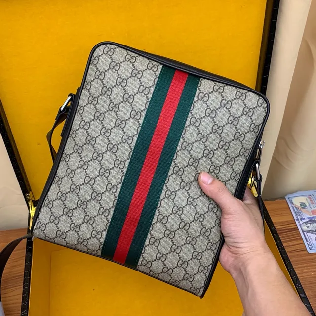 Gucci Ophidia GG Beige Black Monogram Canvas Web Stripe Accent Messenger Bag 6